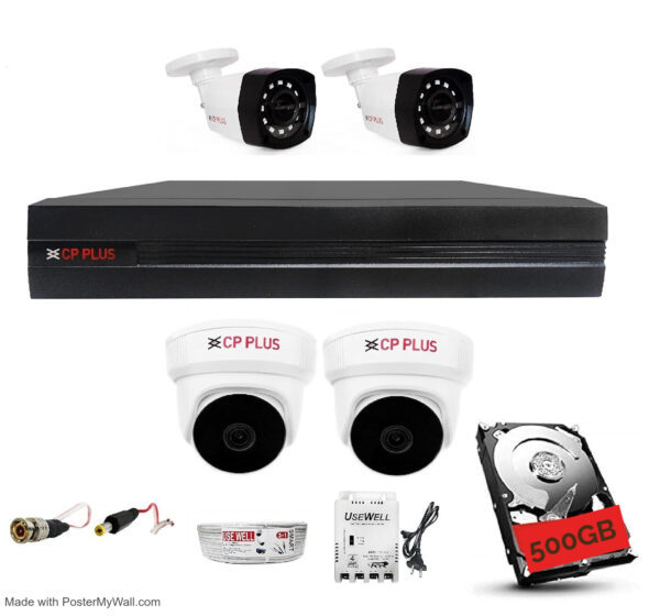 CP PLUS 4 Channal HD DVR 1080p 1Pcs,Outdoor Wired Camera 2.4 MP 2Pcs,Indoor Camera 2.4 MP