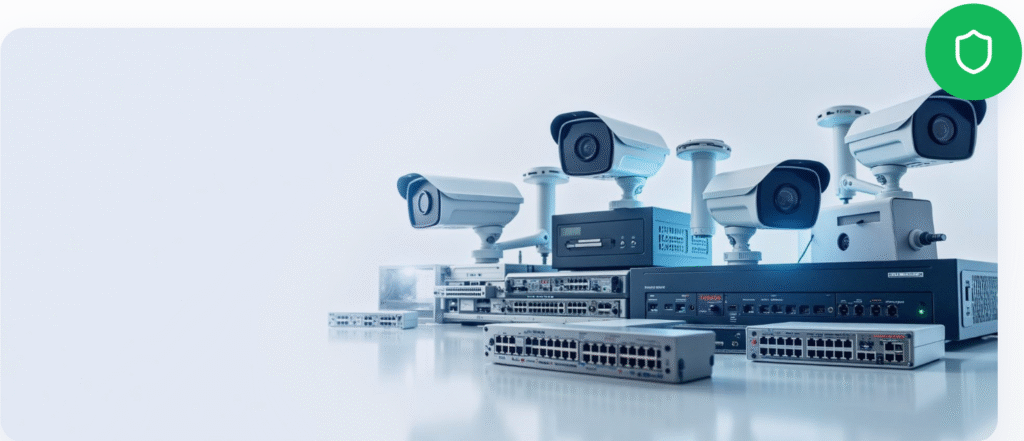 Professional surveillance and security equipment including CCTV cameras, network switches, and recording devices